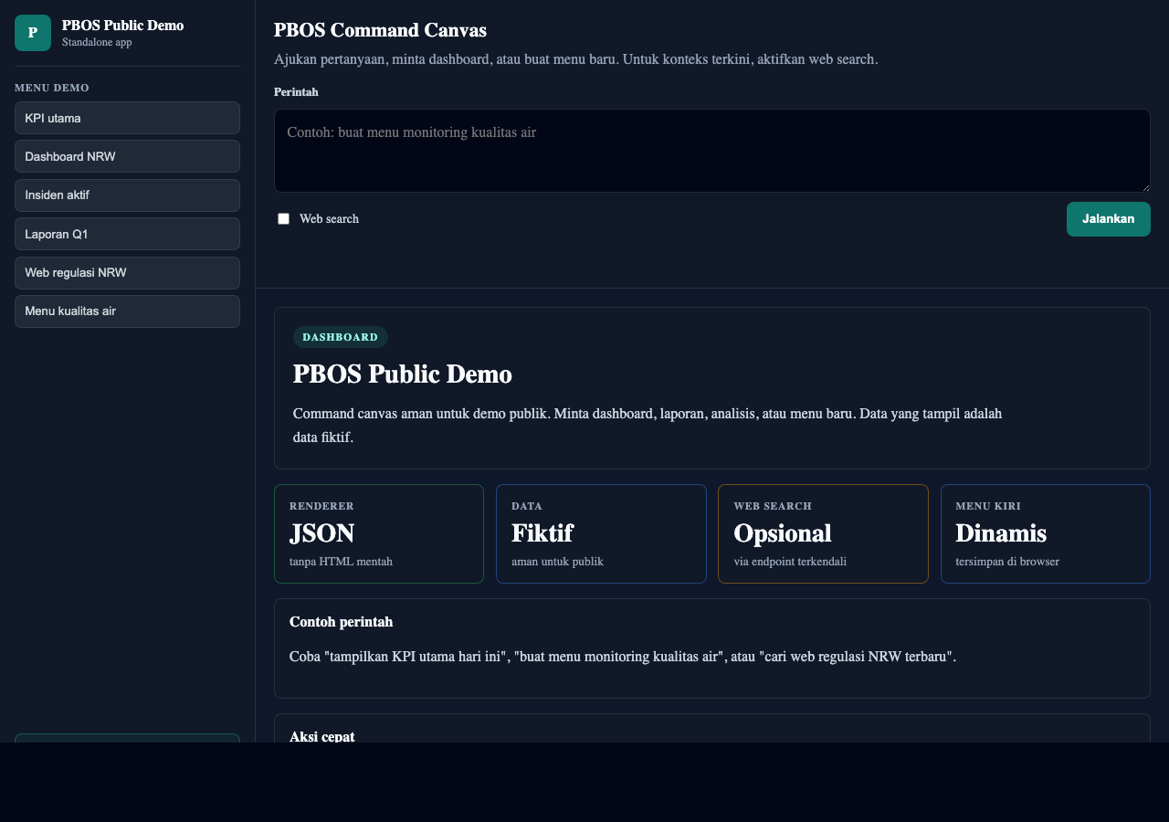 Pratinjau aplikasi PBOS dengan panel menu kiri dan dashboard operasional