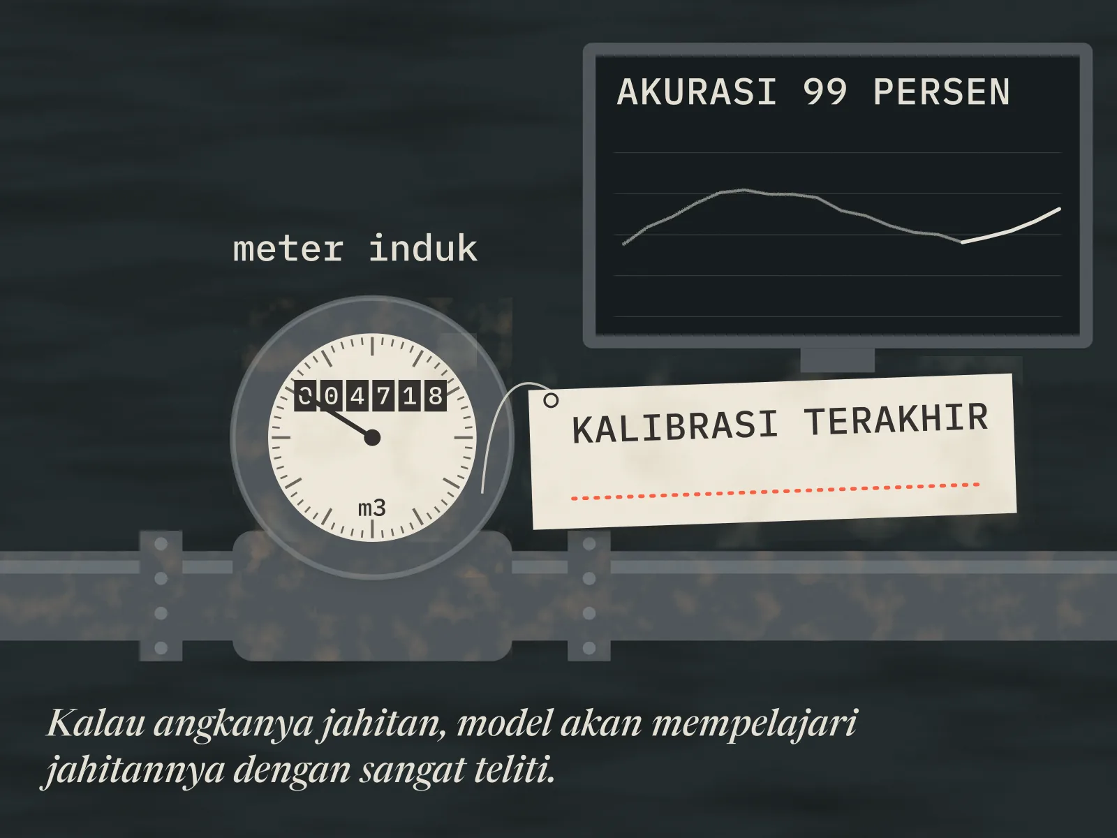 Meter induk besi tua terpasang di pipa yang berkarat, jarumnya menunjuk ke angka yang sudah tidak bisa dipercaya. Dari badannya tergantung label kertas bertuliskan kalibrasi terakhir, dengan baris tanggal yang masih kosong. Di atasnya, sebuah layar menampilkan kurva prediksi yang mulus dengan label akurasi 99 persen.