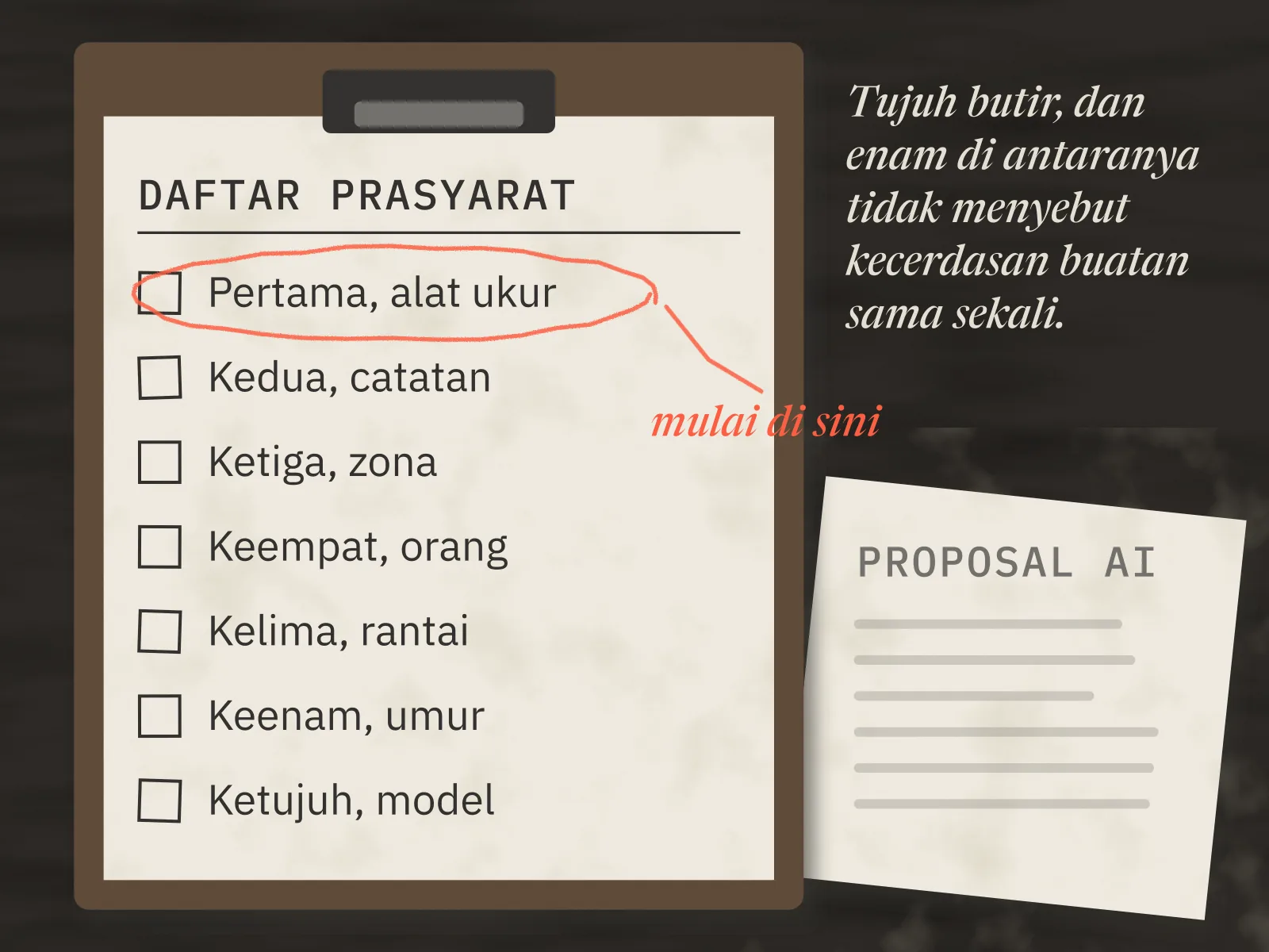 Lembar daftar prasyarat di papan jalan berisi tujuh butir dengan kotak centang yang masih kosong: alat ukur, catatan, zona, orang, rantai, umur, dan model di urutan paling bawah. Butir pertama dilingkari pensil merah dengan catatan mulai di sini. Di kanan bawah, lembar proposal AI terselip di bawah papan.