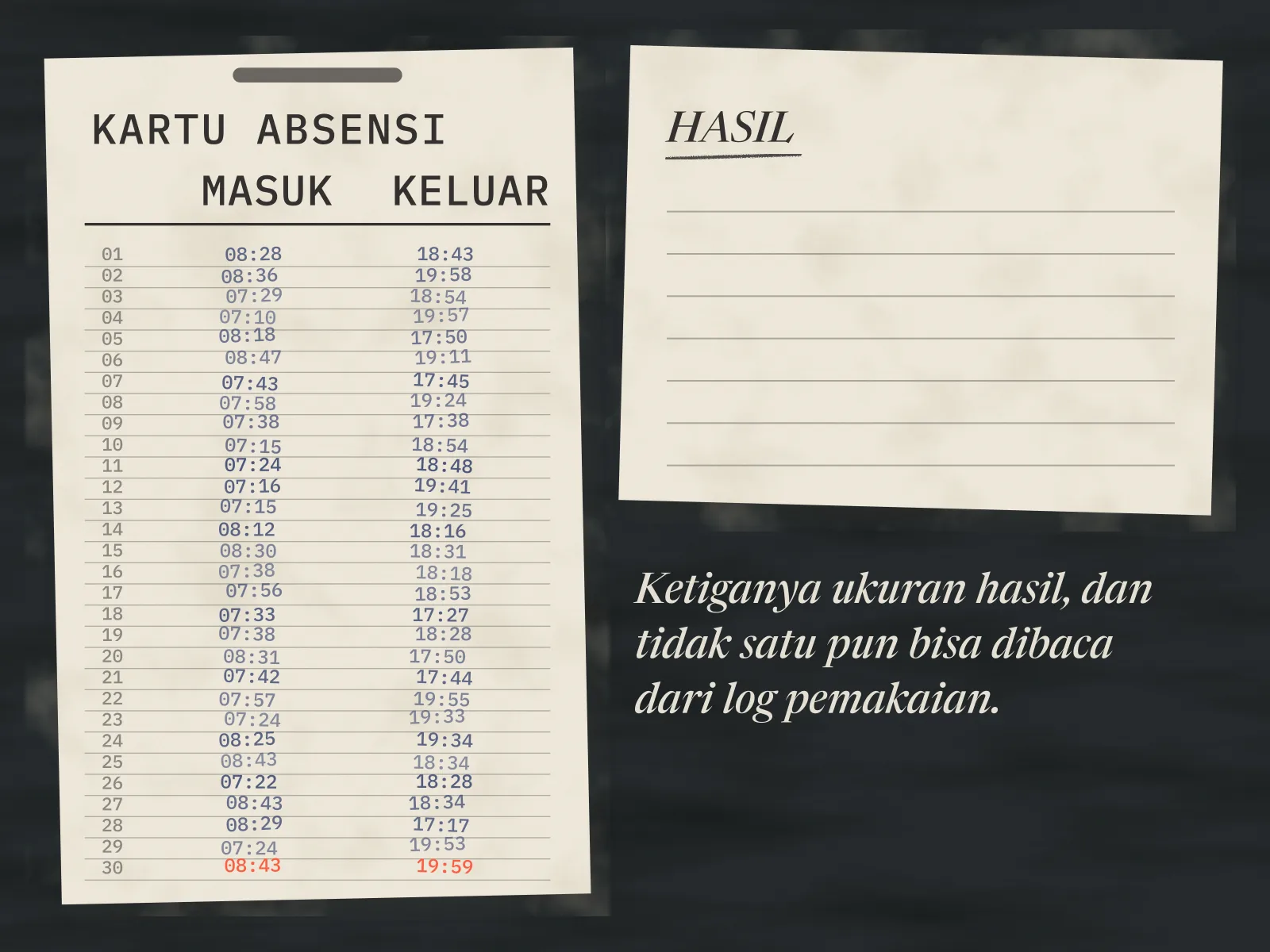 Kartu absensi mesin jam yang penuh stempel jam masuk dan jam keluar dari tanggal satu sampai tiga puluh, kertasnya kusam. Di sebelah kanan kartu ada kolom bertulisan tangan &ldquo;hasil&rdquo; yang seluruh barisnya kosong. Satu stempel merah di baris terakhir menjadi warna tunggal di kartu itu.